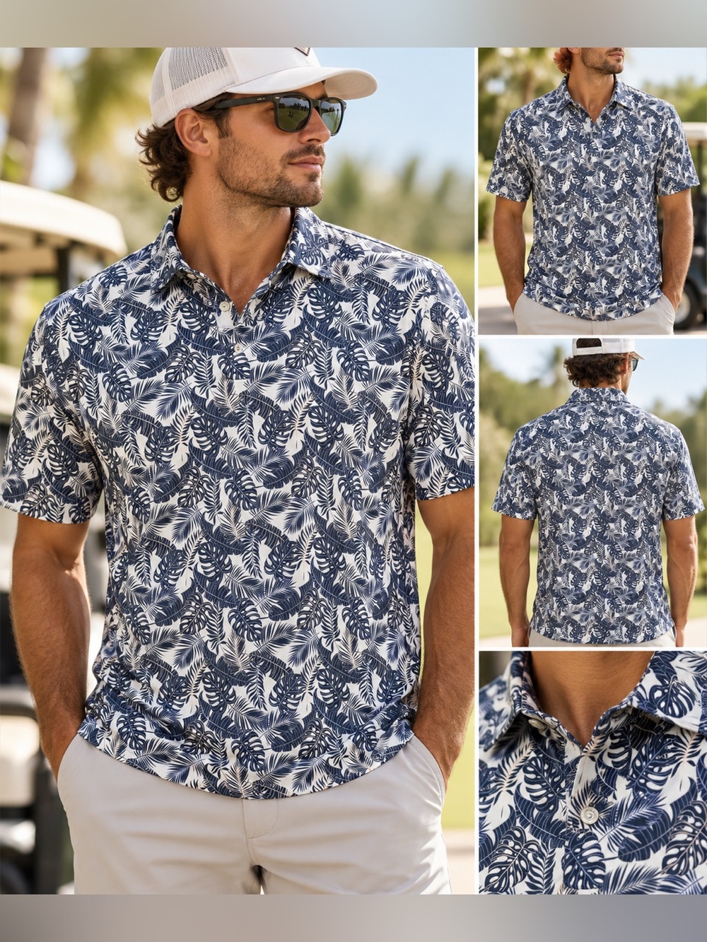 Straight Down Performance Golf Polo Navy Tropical Print Men's Large - Picture 1 of 10